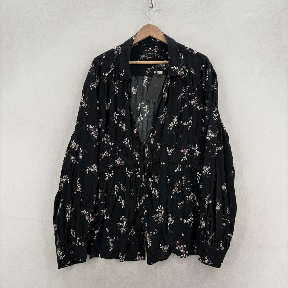 Silver Jeans Co. Blouse Womens 3X Plus Black Floral Collared Long Sleeve Tunic